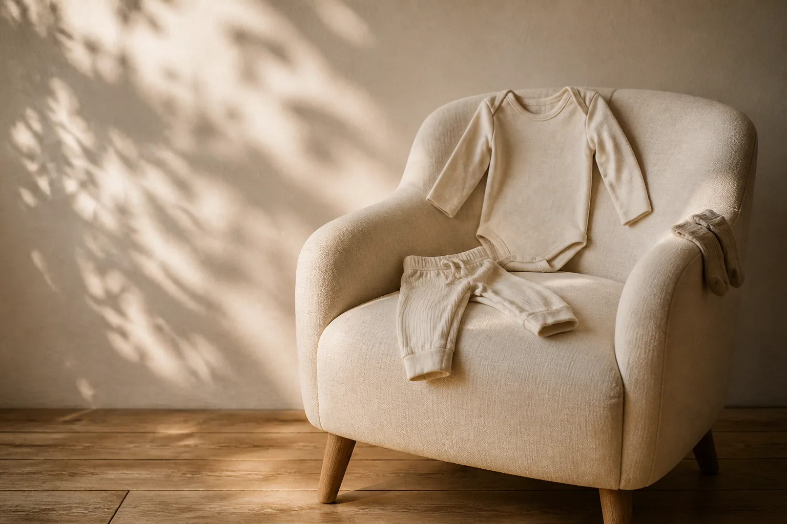 A long-sleeve oatmeal bodysuit and soft cotton pants laid out on a cream armchair, thin socks resting over the armrest