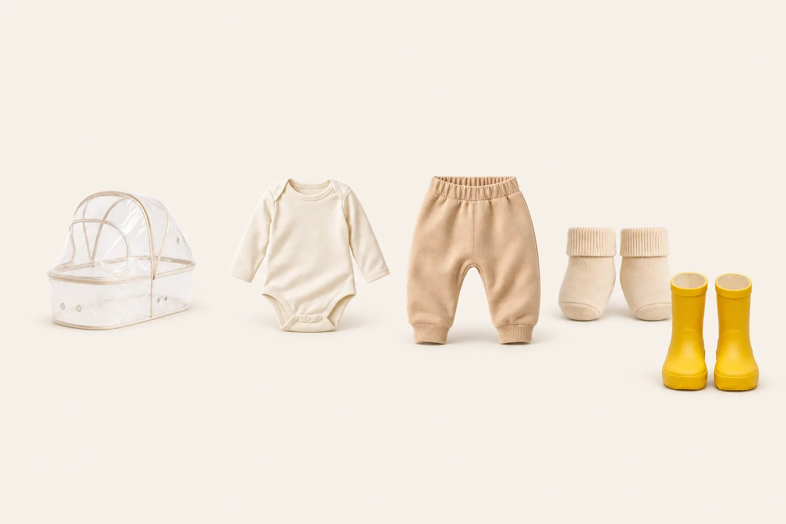 A fitted rain cover, dry bodysuit, warm pants, socks and yellow rain boots laid out