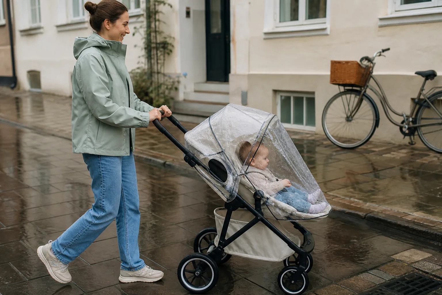 A parent pushing a stroller with a fitted vented rain cover on a wet street