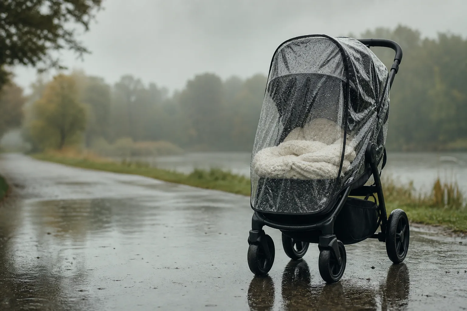A stroller fitted with a clear rain cover, beaded with fine raindrops, standing on a wet path in soft drizzle