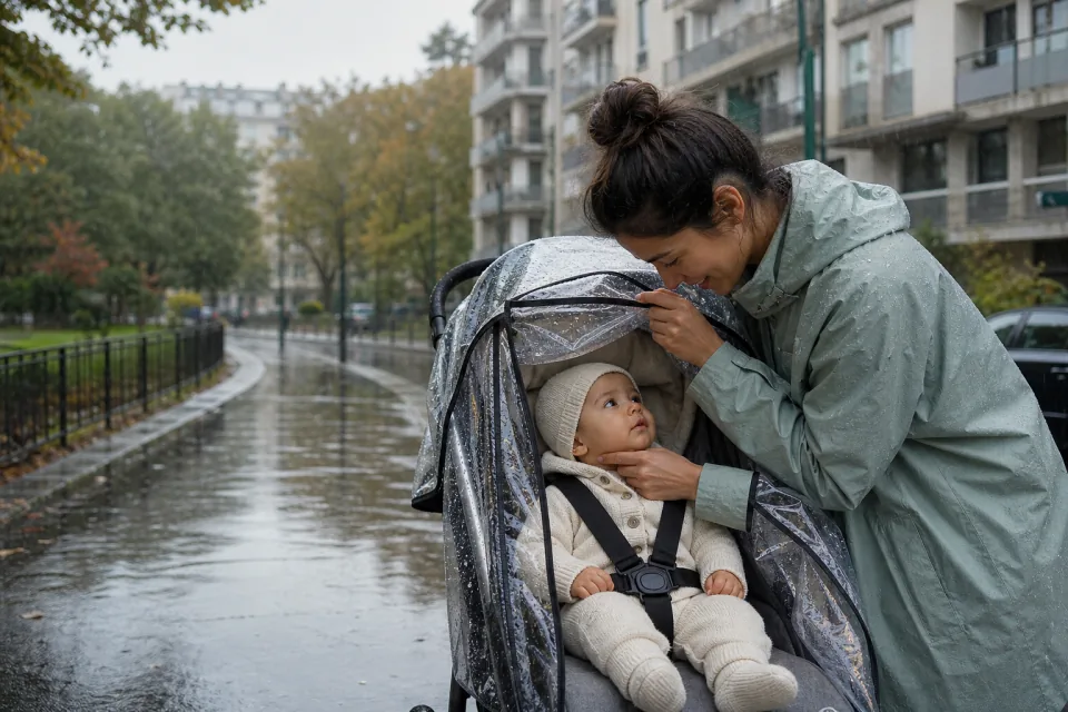 A parent checking a baby through a fitted clear stroller rain cover