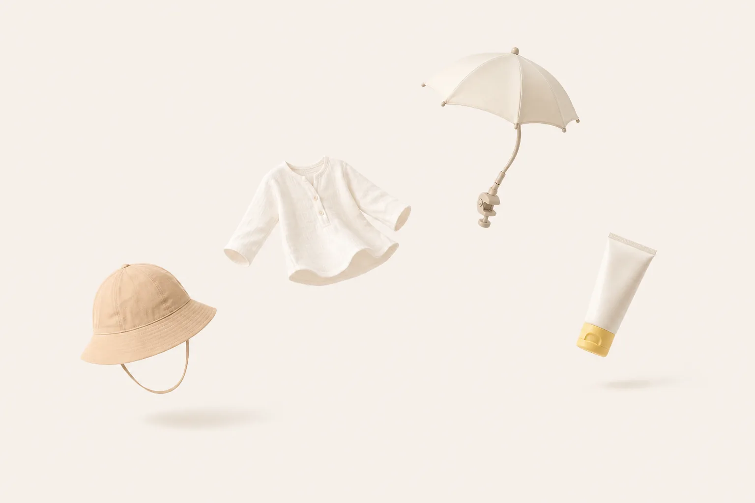 A sun hat, sun cover shirt, fitted stroller shade and sunscreen laid out