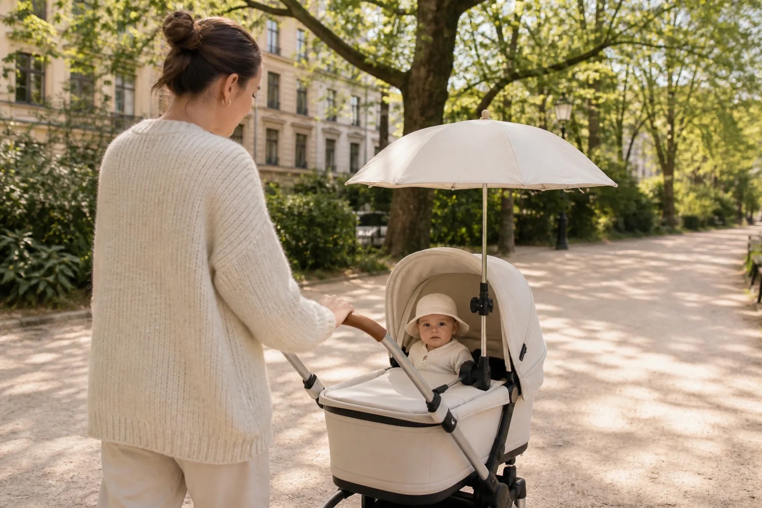 A parent pushing an open stroller under a cream parasol in a leafy park