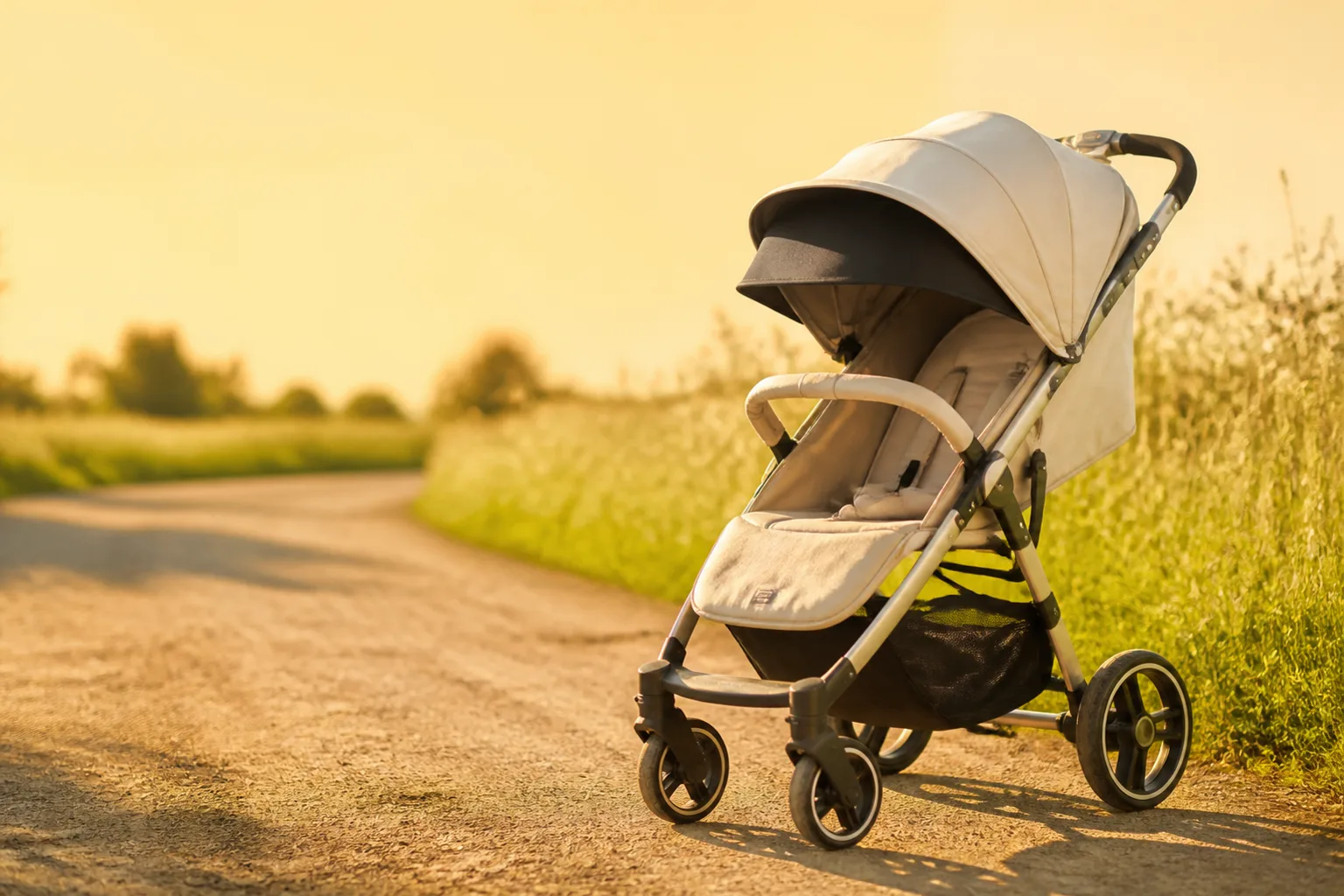 A cream stroller on a path in bright sunshine, its canopy fully extended and a clip-on sunshade throwing a deep pool of shade over the open, airy seat