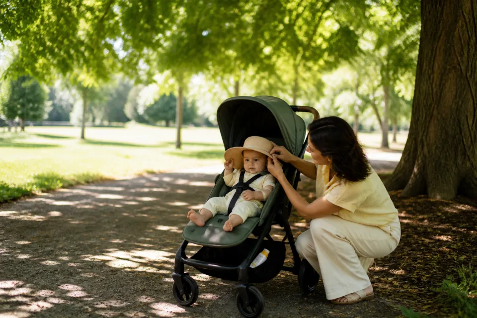 A parent adjusting a baby's wide-brim hat in deep tree shade