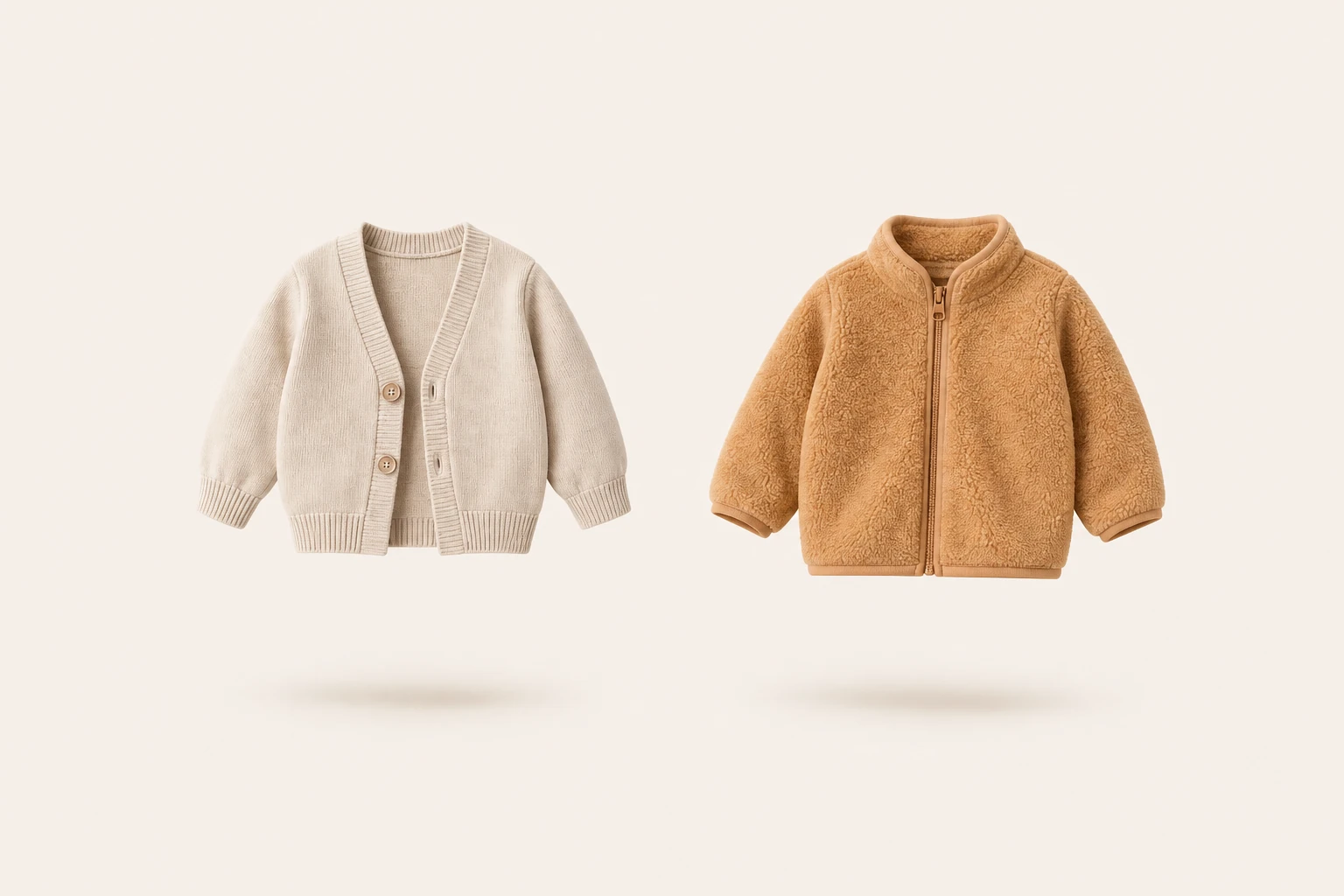 A cardigan and warm fleece laid side by side without an outer jacket