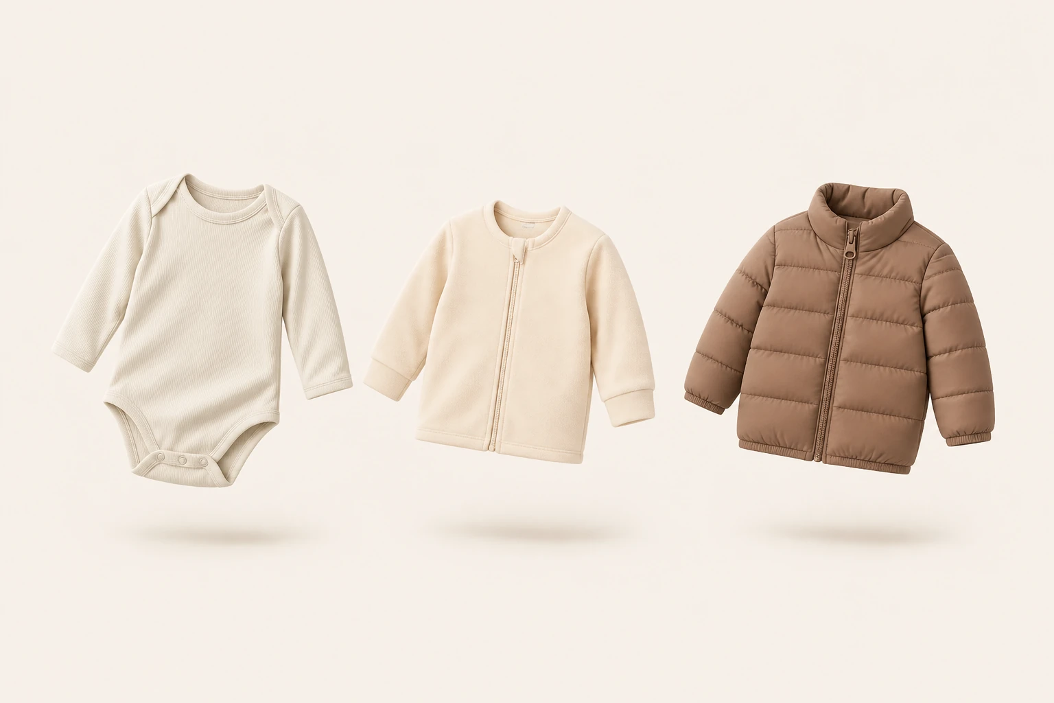 A bodysuit, thin fleece and zipped warm jacket laid out in order