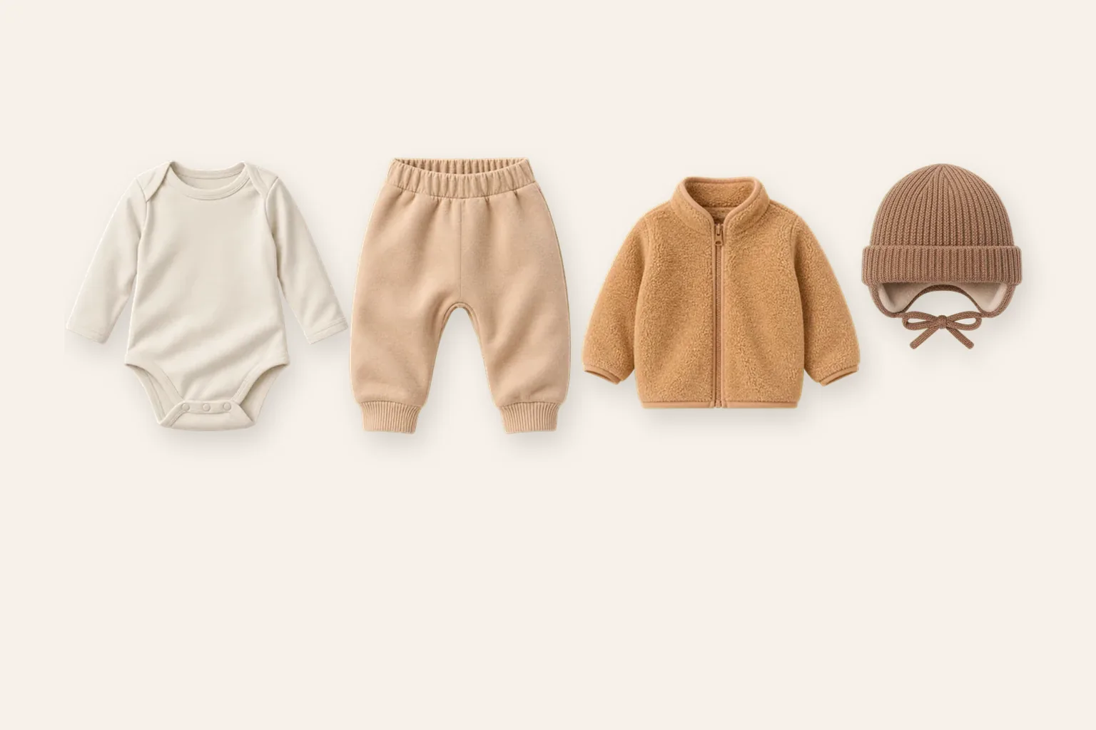 A long-sleeve bodysuit, warm pants, warm fleece and warm hat laid together