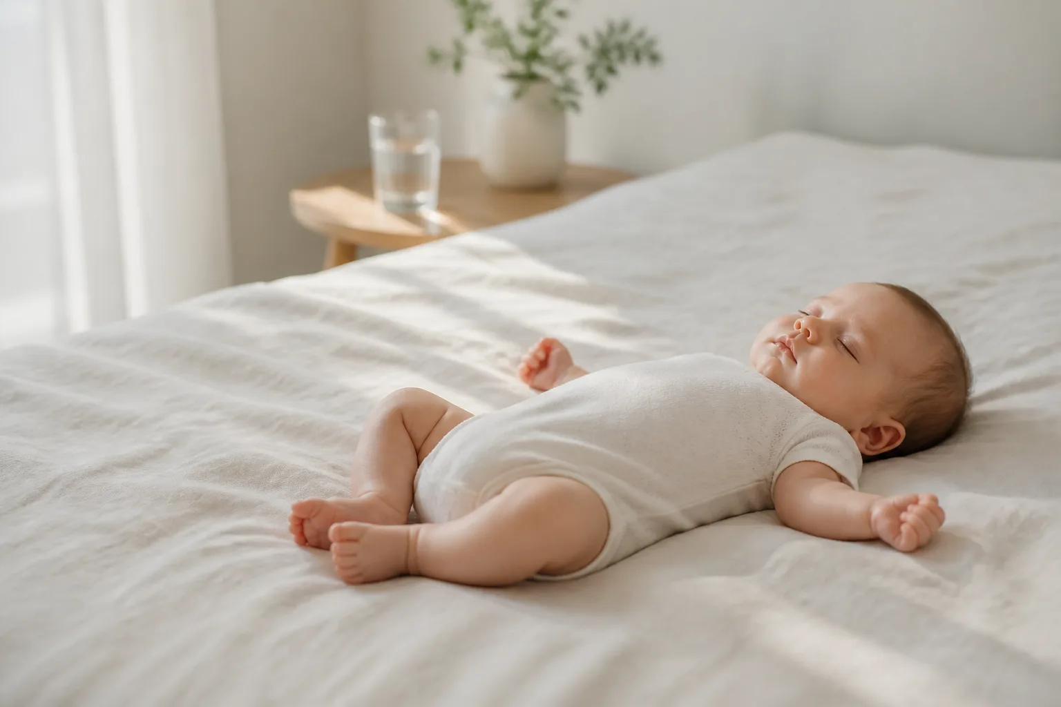 A baby sleeping calmly on the back in a light short-sleeve bodysuit with no blanket on smooth pale bedding