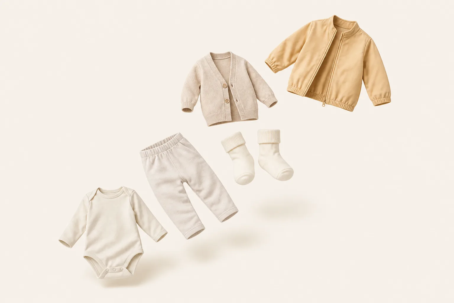 A long-sleeve bodysuit, light pants, socks, cardigan and light jacket arranged as one layered outfit