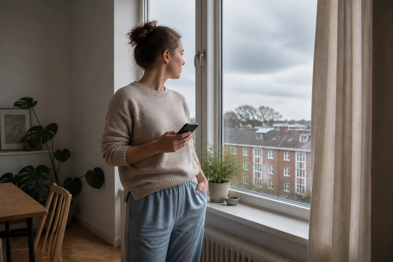 A parent holding a phone while looking through an apartment window at a windy gray sky