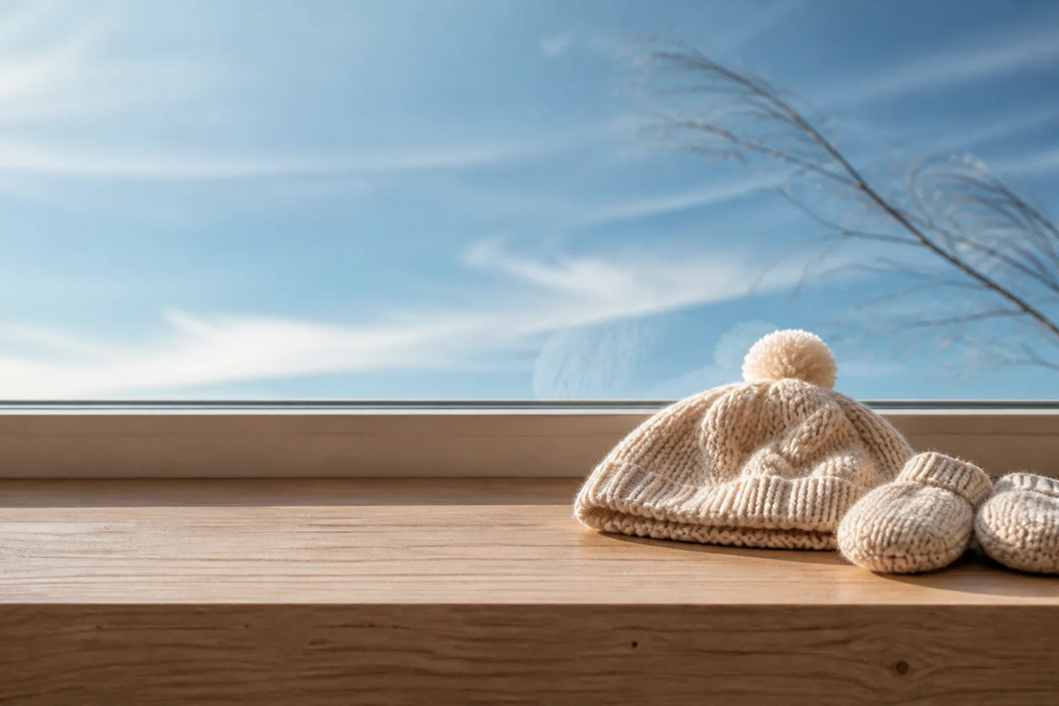 Seen from inside a home: a deep pale wooden windowsill running across the whole picture and out of both edges