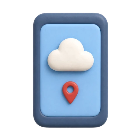 A blue clay weather screen with a cloud and location pin