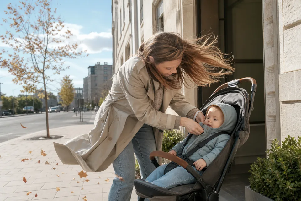 A parent adding a light windproof jacket to a baby on a bright windy day