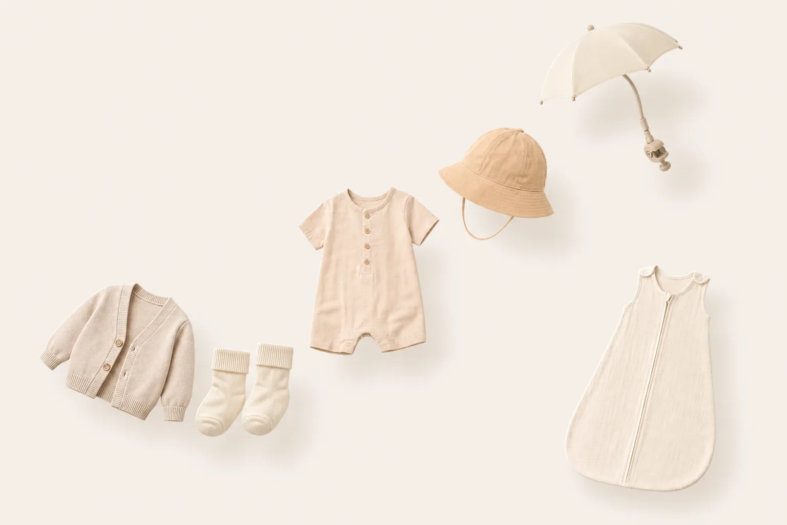 A lightweight warm-weather travel kit with a romper, sun hat, cardigan, socks, sunshade and light sleep bag