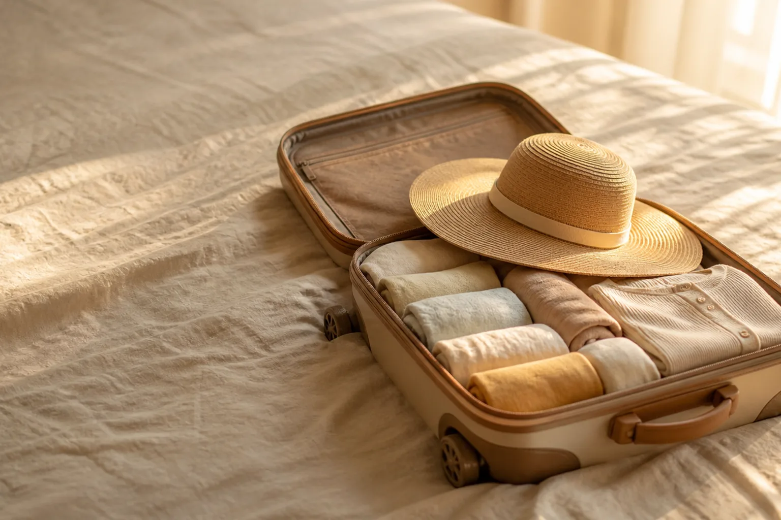 A small open suitcase on a bed, packed with rolled light baby clothes, a wide-brim straw-toned sun hat resting on top, a thin cardigan folded at the side for the plane
