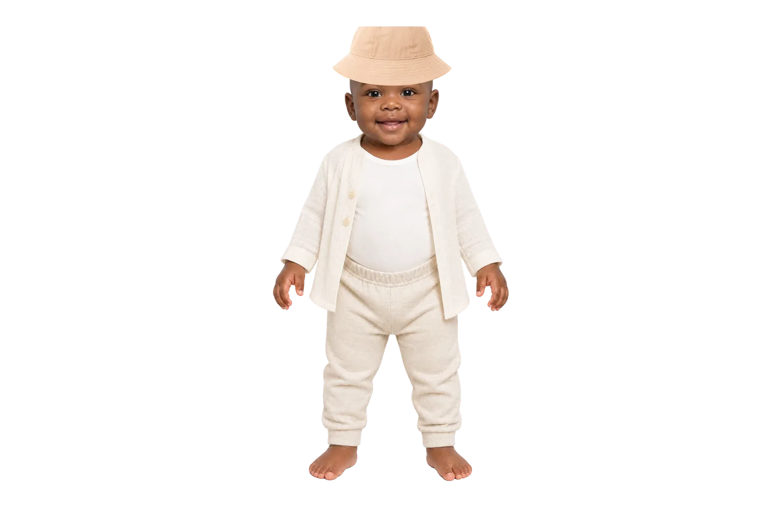 A baby in a mild-weather outfit with a sun hat