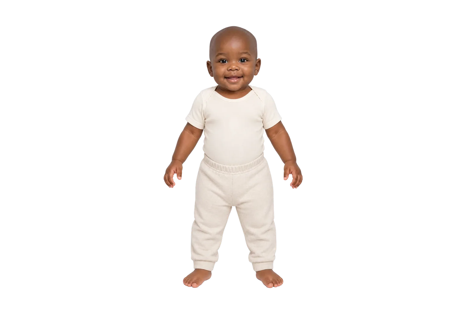 A baby dressed for mild weather without a sun hat