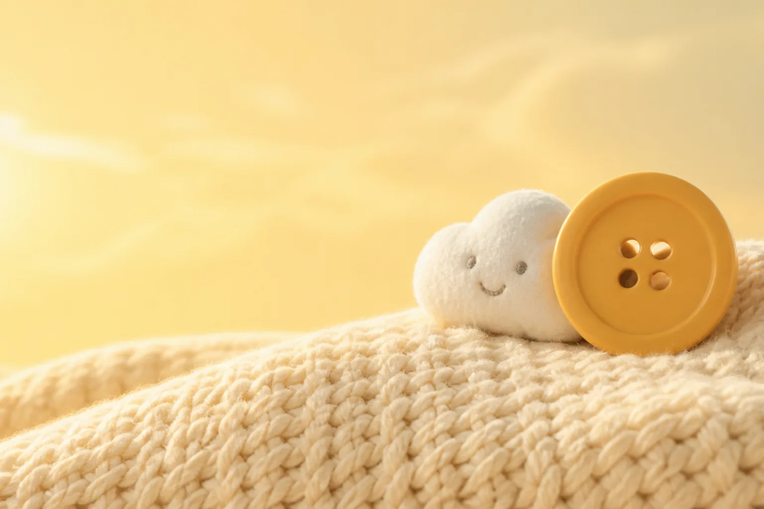 A large round four-hole button in warm honey yellow leaning against a small white plush cloud with a tiny stitched smile, both resting on a rolling hill of cream chunky knit blanket