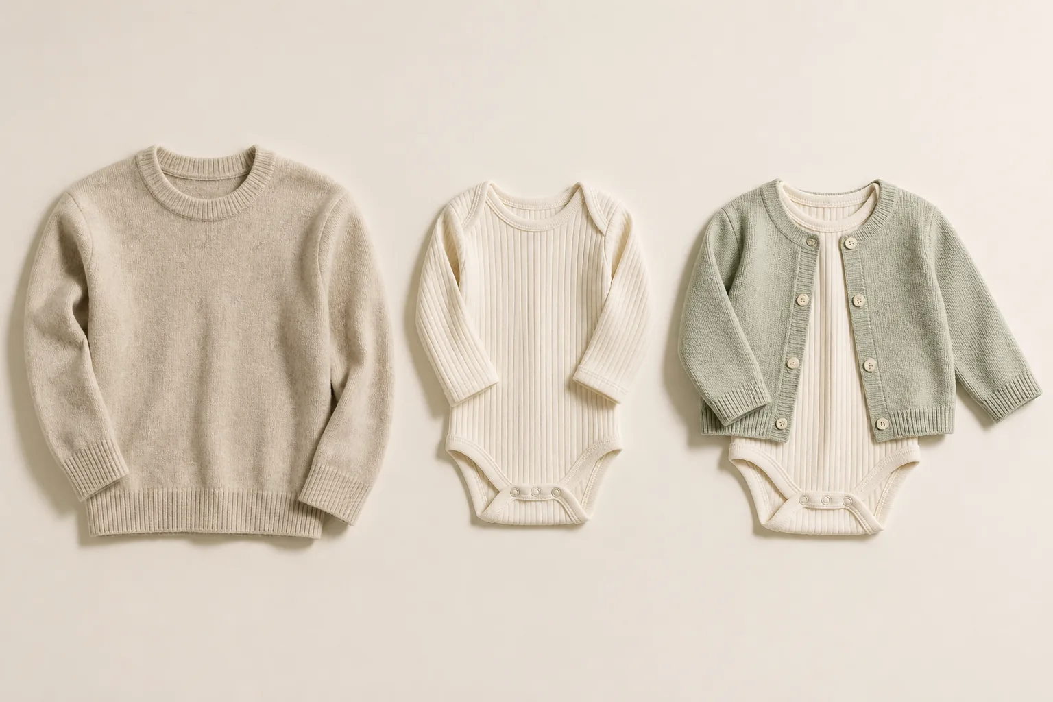 An adult sweater, a baby bodysuit, and a bodysuit with a cardigan arranged in order
