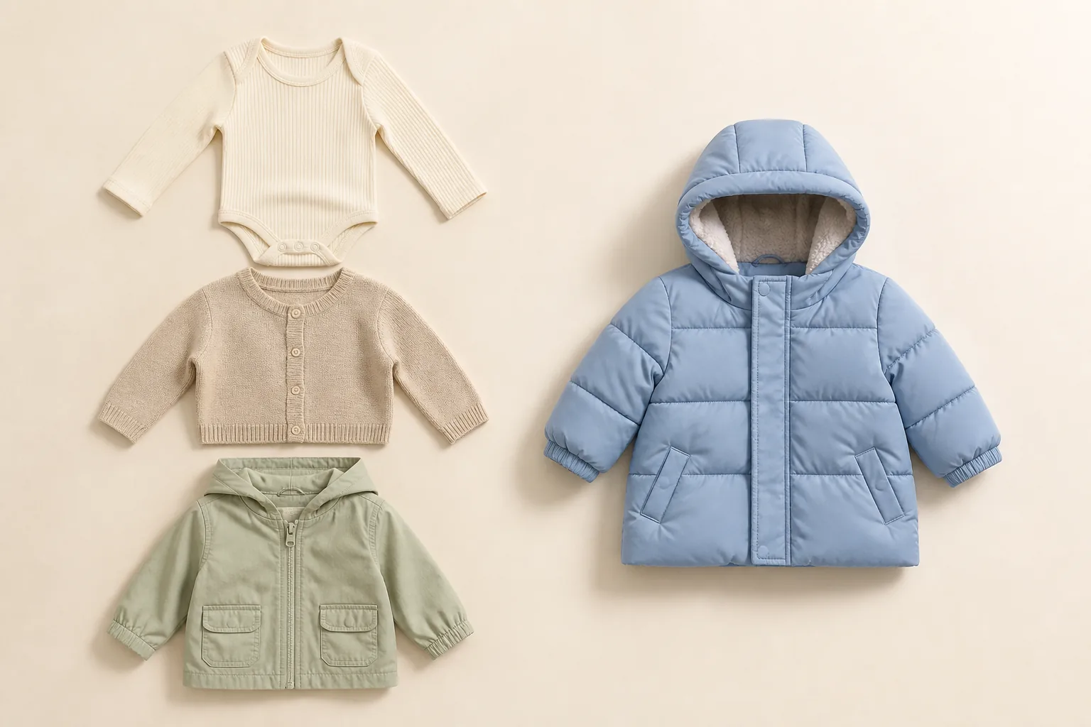 Three thin baby layers beside one thick blue winter coat