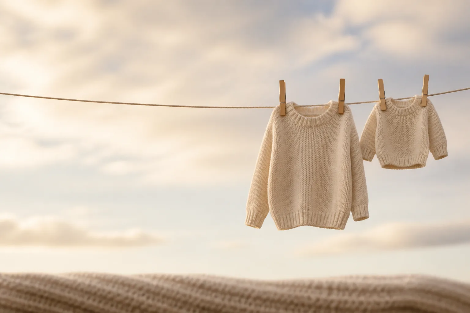 A clothesline with two garments hanging side by side: a parent-size cream wool sweater and the same sweater knitted in a baby size, their sleeves almost touching