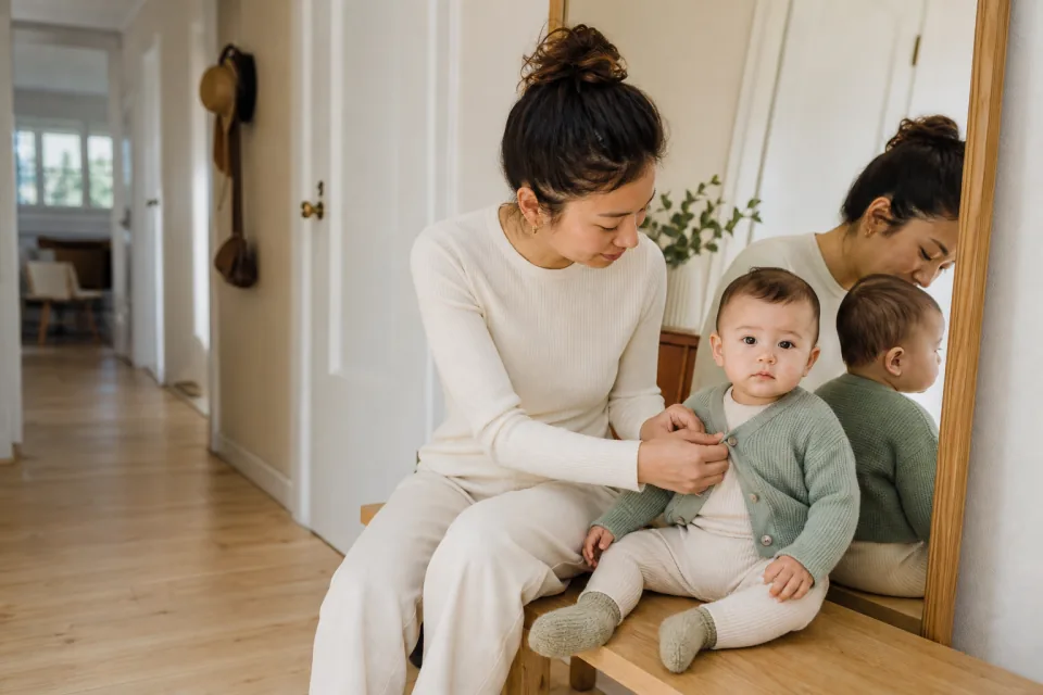 A parent and baby in matching base layers with one cardigan added for the baby