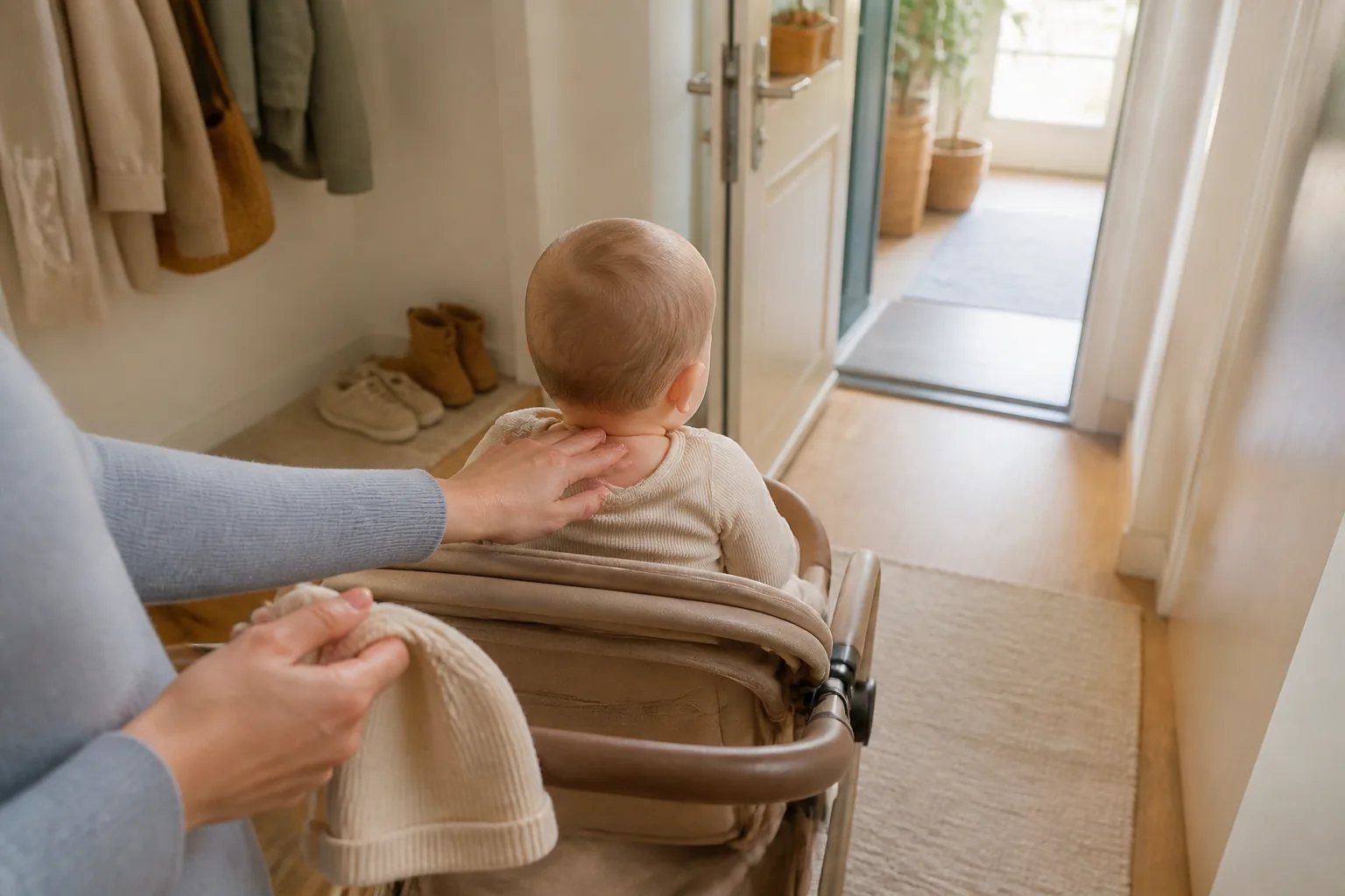 A parent checking a baby's neck in a stroller beside the front door