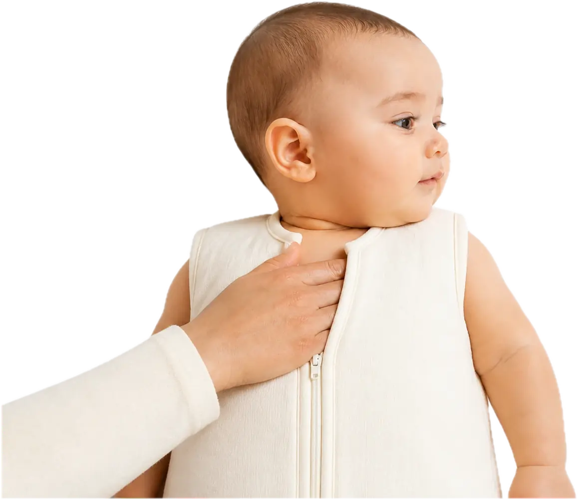 A parent's hand inside a sleep bag neckline, resting on a baby's upper chest