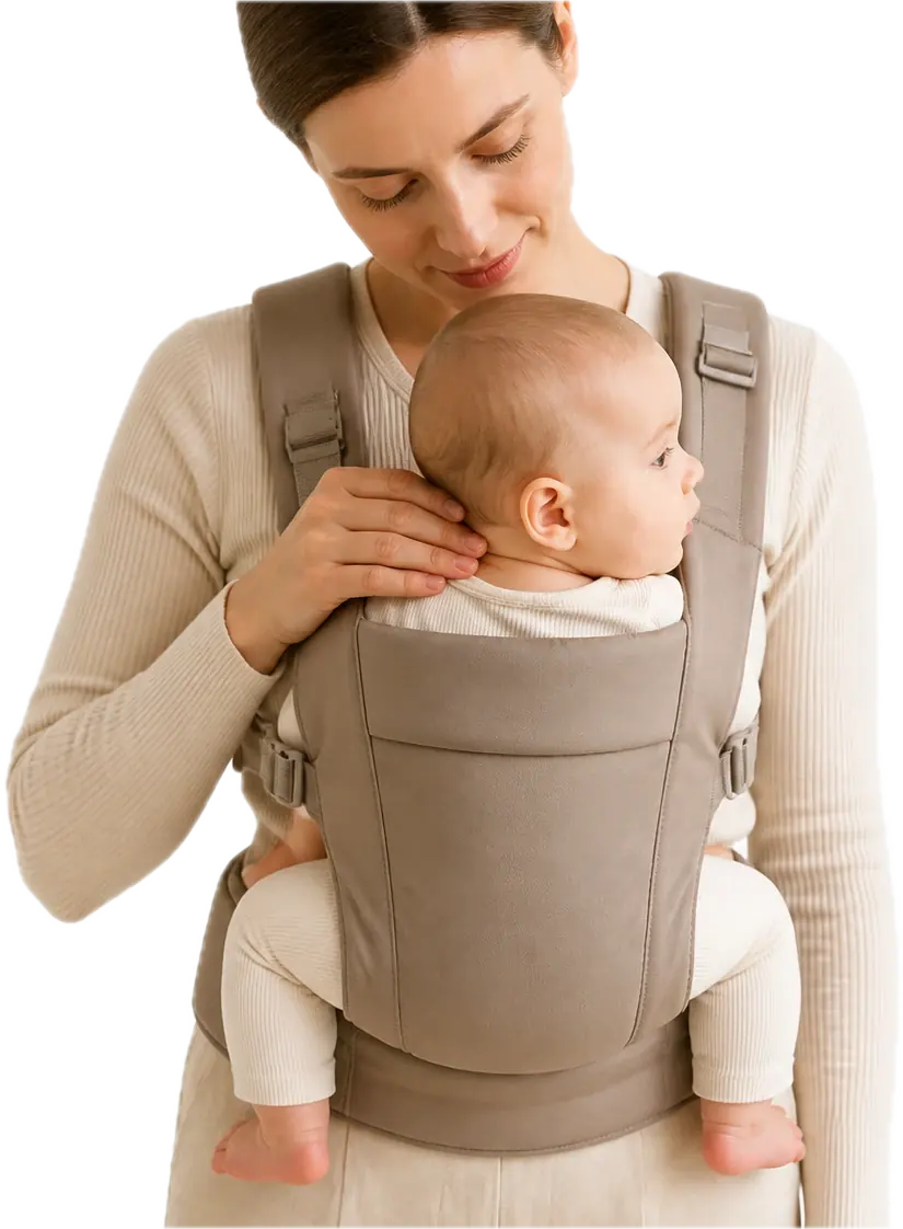 A parent looking into a carrier while checking the back of a baby's neck