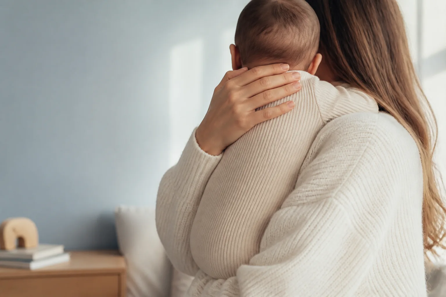 A parent checking the back of a baby's neck while holding the baby