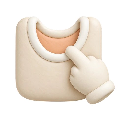 A clay hand opening the collar of a cream bodysuit