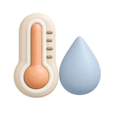 A clay thermometer beside a pale blue water drop