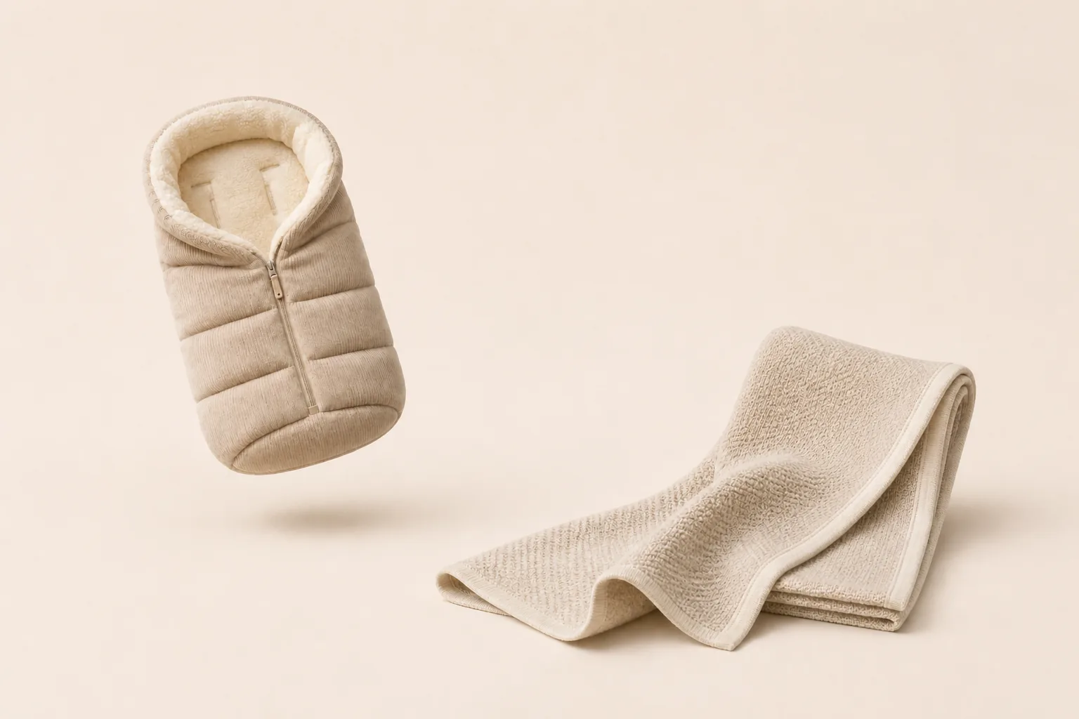 An oatmeal fitted stroller footmuff beside a folded cream stroller blanket