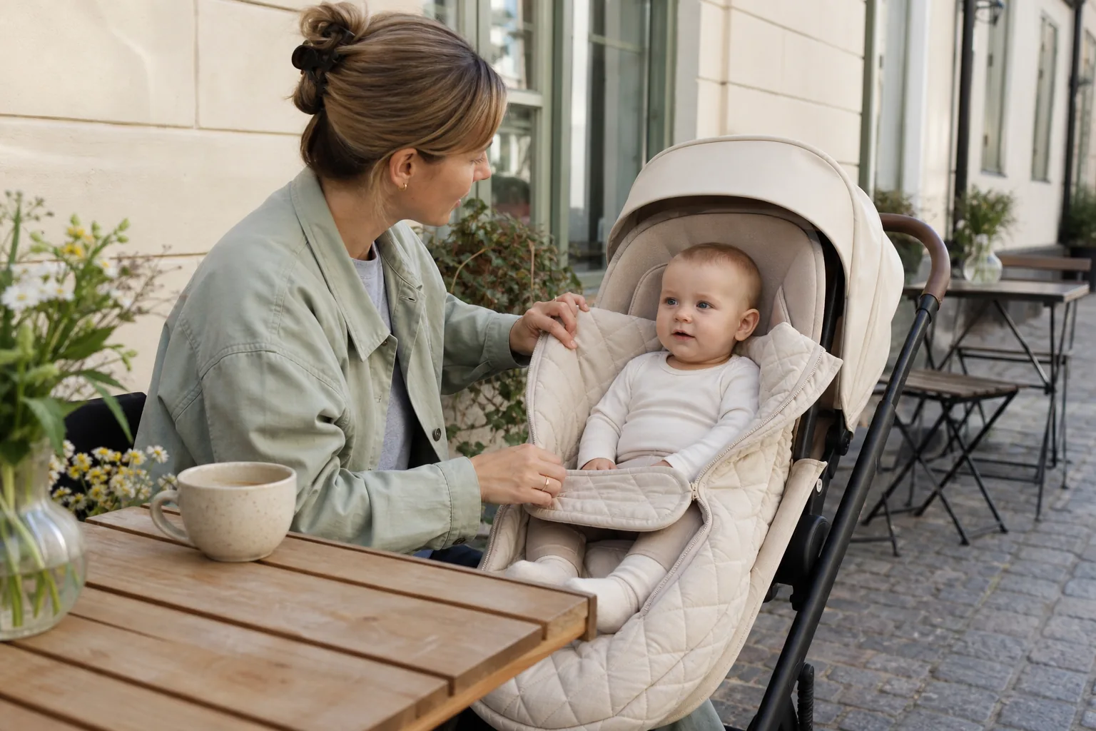 A parent opening an oatmeal stroller footmuff beside a sunny outdoor cafe table