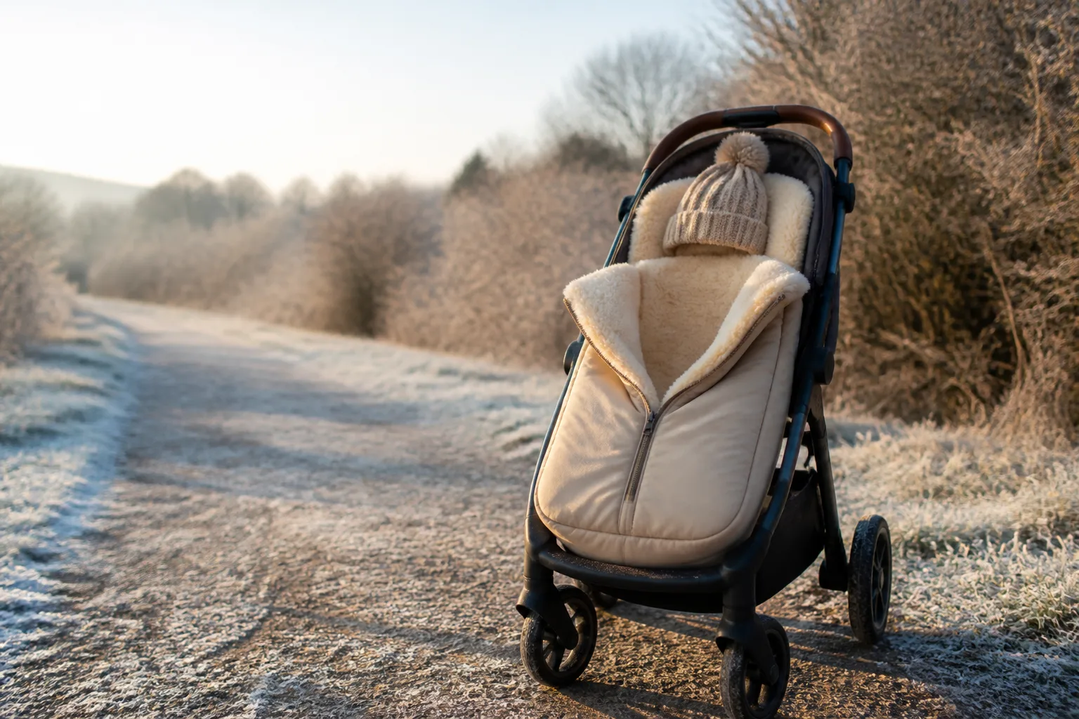 A cozy cream footmuff open in a stroller seat on a crisp bright day, its zip drawn down to show the soft fleece lining, a knit hat resting at the top of the seat