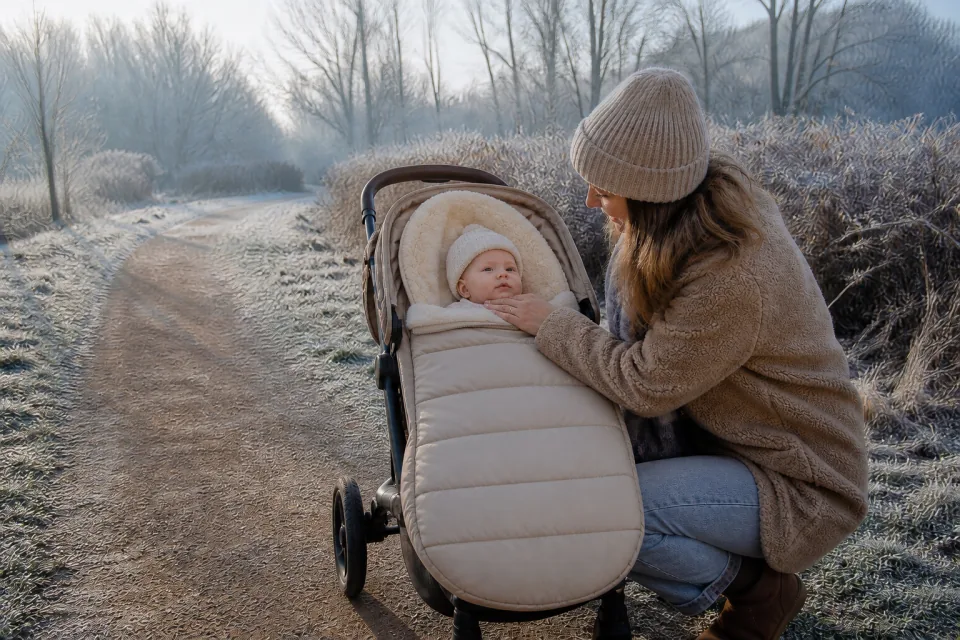 A parent checking the neck of a baby inside a zipped stroller footmuff