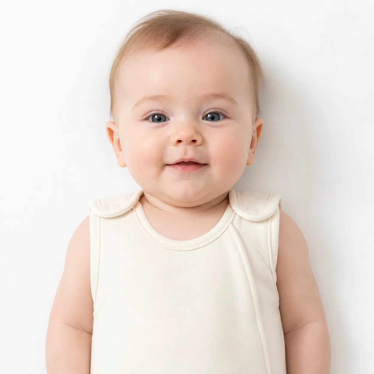 Close view of a fitted baby sleep bag at the neck and shoulders