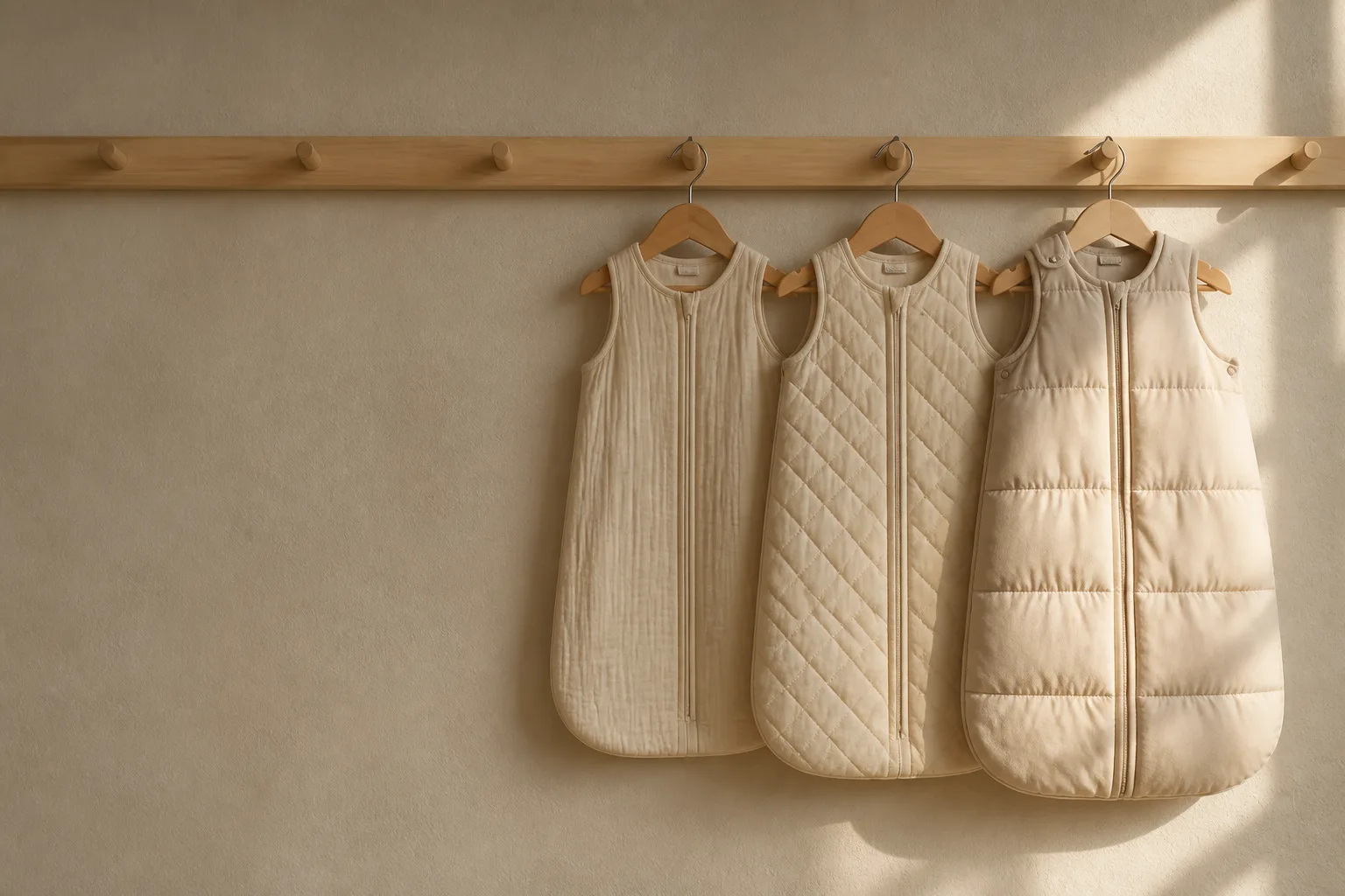 Three baby sleep bags hanging from a pale wooden peg rail, in order from thin to thick: an airy muslin one, a quilted cotton one, a padded winter one, in cream and oatmeal