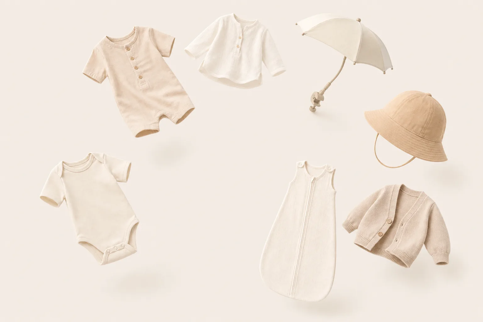 Summer newborn kit with bodysuit, romper, sun cover shirt, sunshade, sun hat, cardigan and light sleep bag