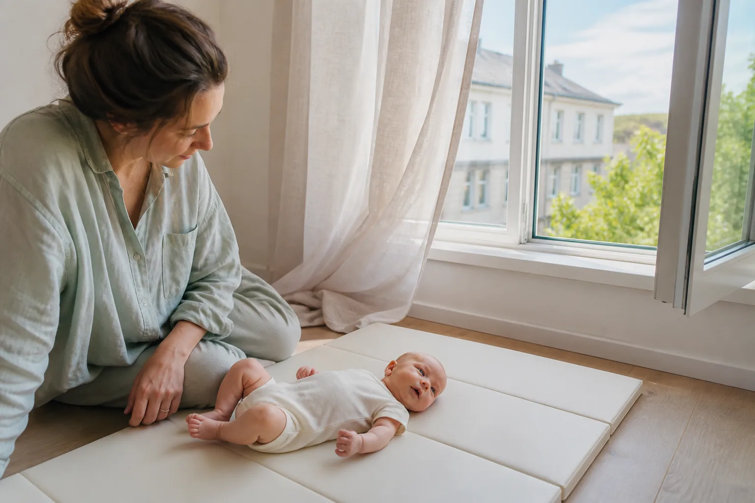 A newborn resting in a light outfit in an airy shaded room beside an open window