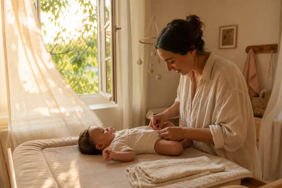 A parent dressing a newborn in one light muslin bodysuit beside an open window