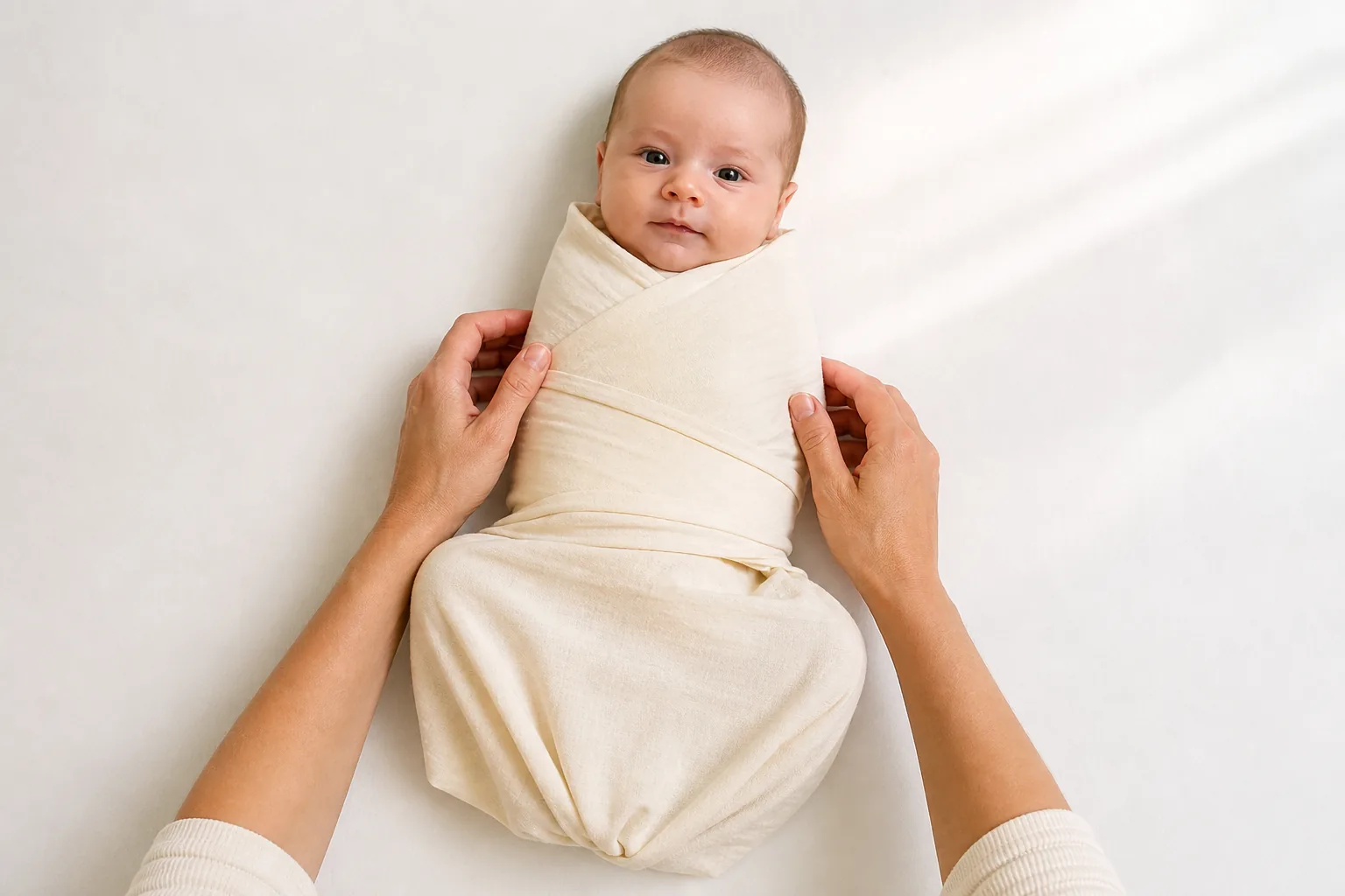 Adult hands securing a cream swaddle across a baby's chest with a roomy pouch around the hips