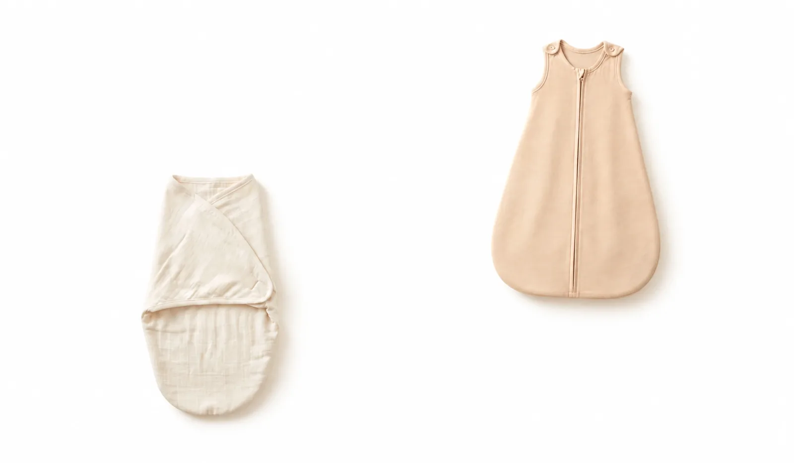 A cream swaddle beside an arms-free cream sleep bag