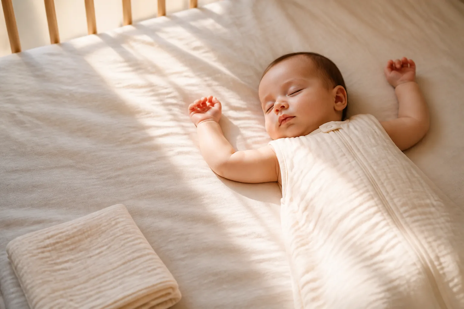 A baby asleep on the back in a crib, arms free and raised beside the head, wearing a sleeveless cream sleep bag