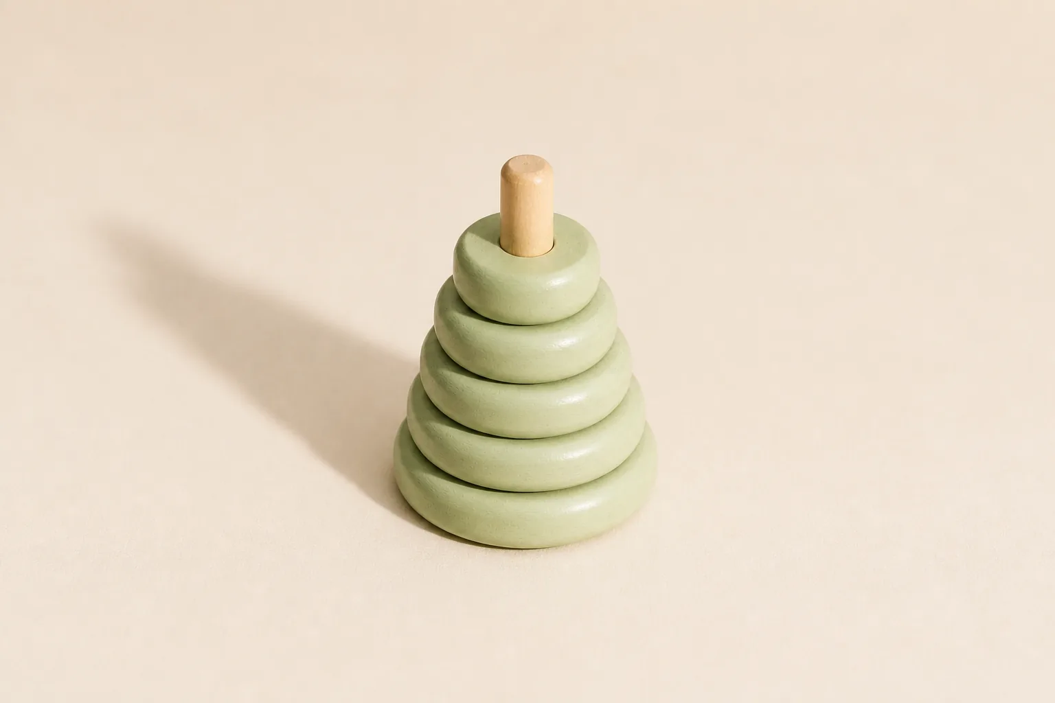 A pale sage wooden toy casting a long late-afternoon shadow