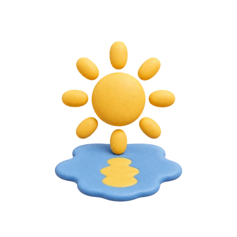 A yellow clay sun reflected in a blue puddle