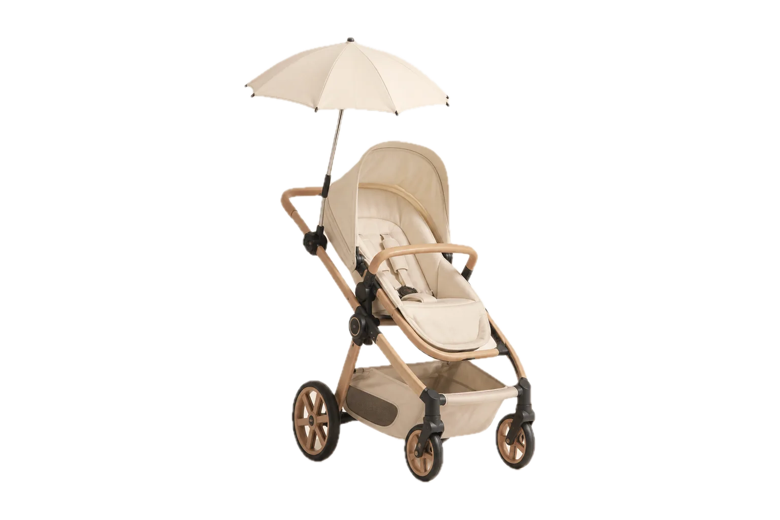 A cream stroller with a fitted parasol above the open seat