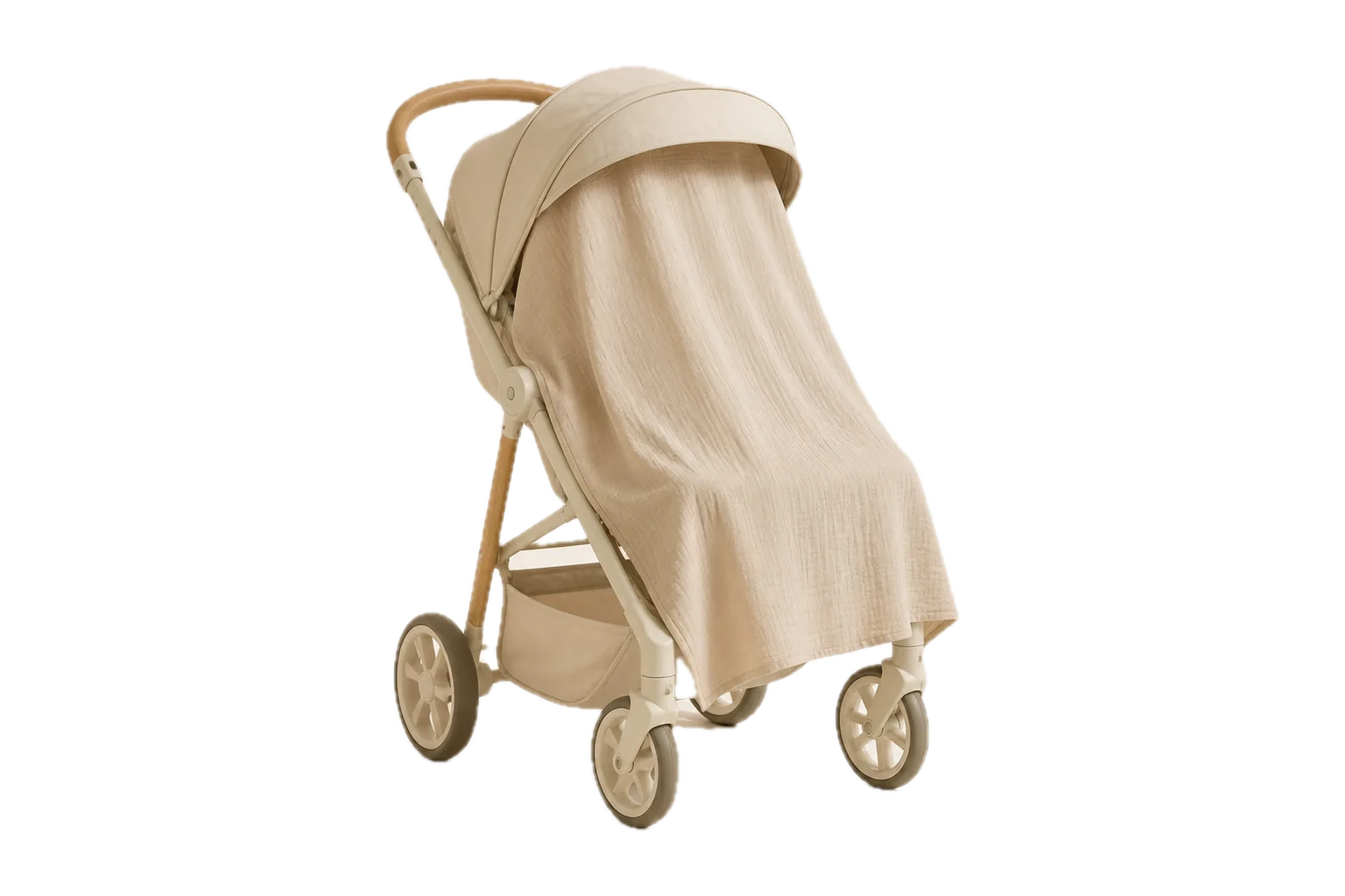 A cream stroller with a muslin blanket covering the whole seat opening