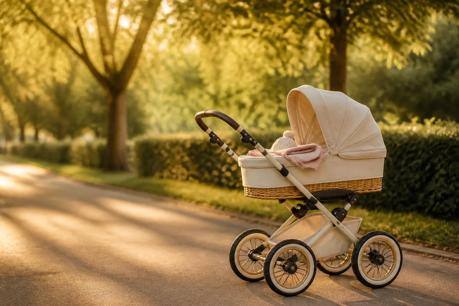 A cream stroller standing in profile on a park path in soft morning light, a small knit hat and a folded blush blanket lying on the seat